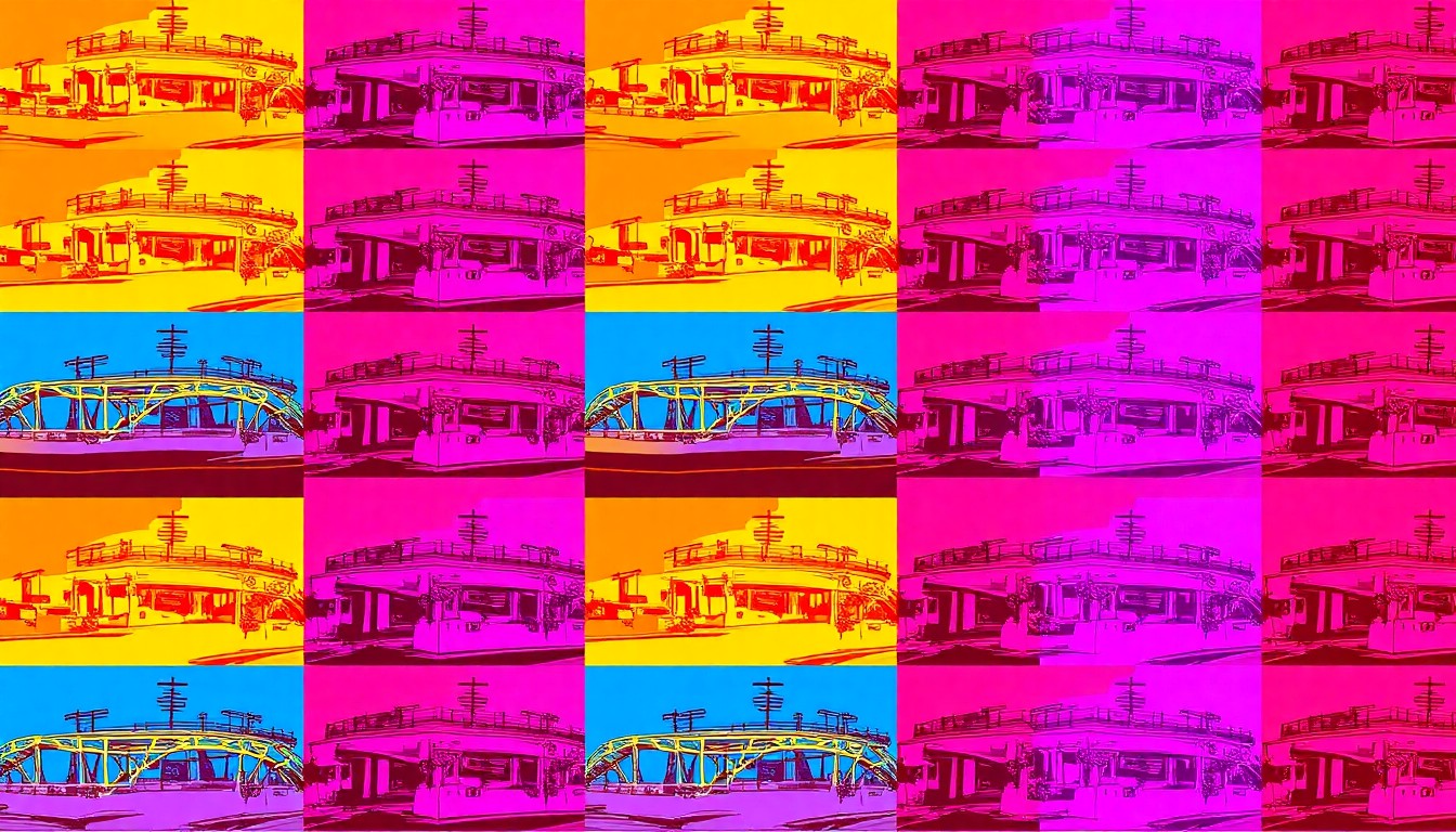 A highly stylized, abstract grid of a single iconic Crestview landmark, such as a bridge or road sign, rendered in a bold, neon color palette with heavy black outlines, conceptually representing the opening of a new transportation route in the city.