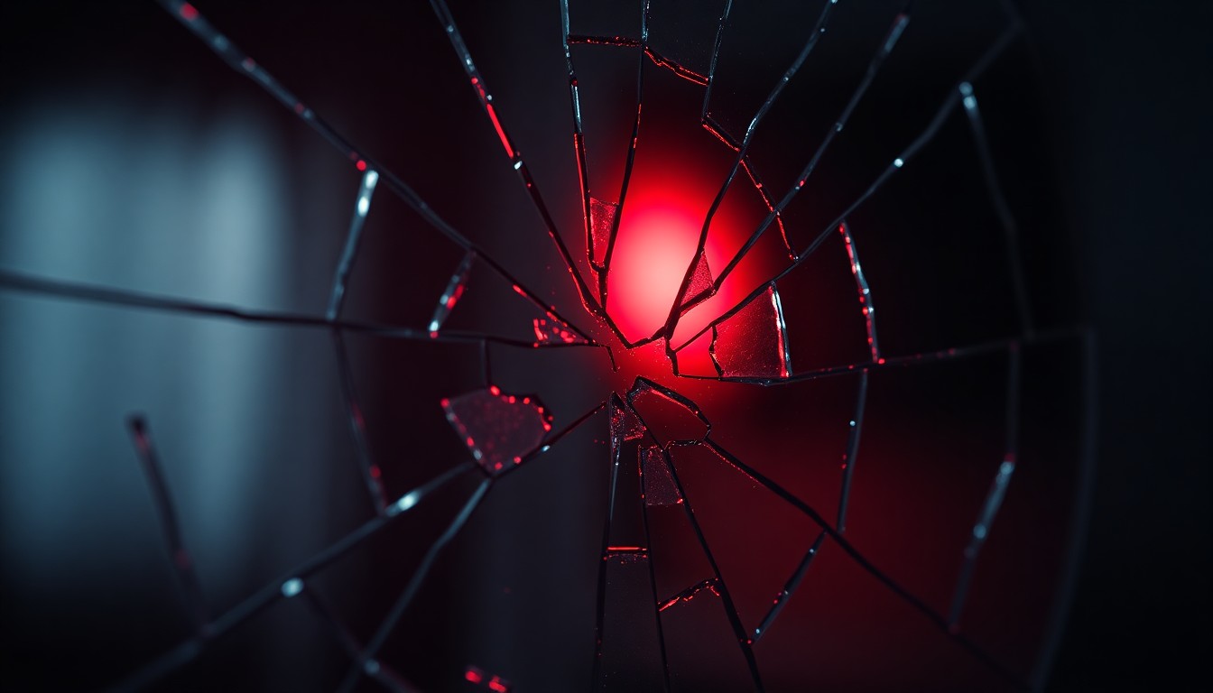 An extreme close-up of a shattered glass mirror reflecting a faint, glowing red light, conceptually representing the emotional turmoil and uncertainty surrounding the characters' lives on the soap opera.