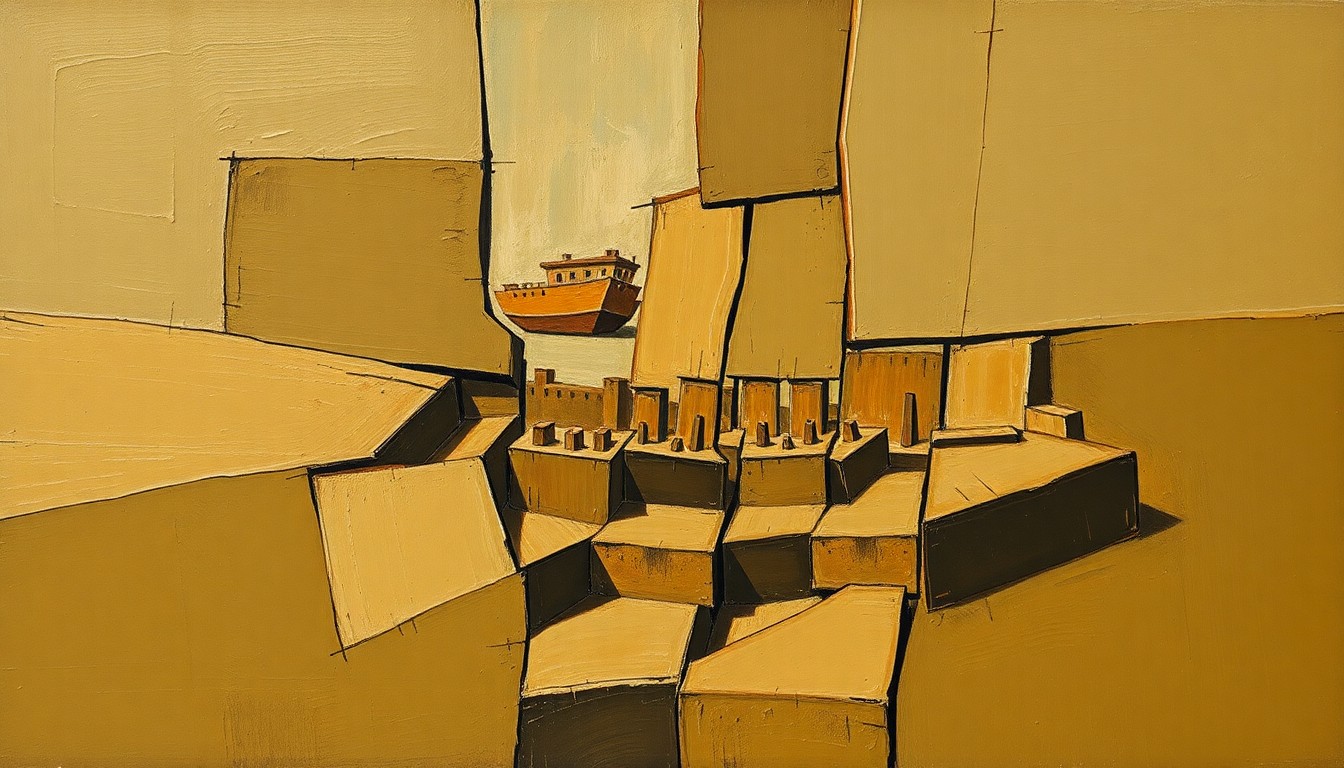 A cubist, geometric painting depicting a fractured, multi-perspective view of a defensive line formation, with sharp, overlapping planes in muted earth tones conceptually representing the changes to the Panthers' defensive front.