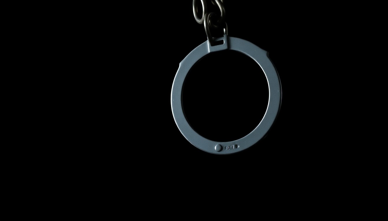 An extreme close-up photograph of a set of handcuffs against a pitch-black background, lit by a harsh, direct camera flash, conceptually representing the gritty, investigative nature of allegations of sexual abuse in jails.
