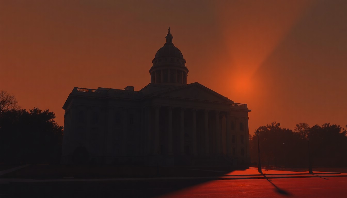 A photorealistic painting of a stately government building in warm, golden light, with deep shadows cast across the facade, evoking a sense of quiet contemplation around the political process.