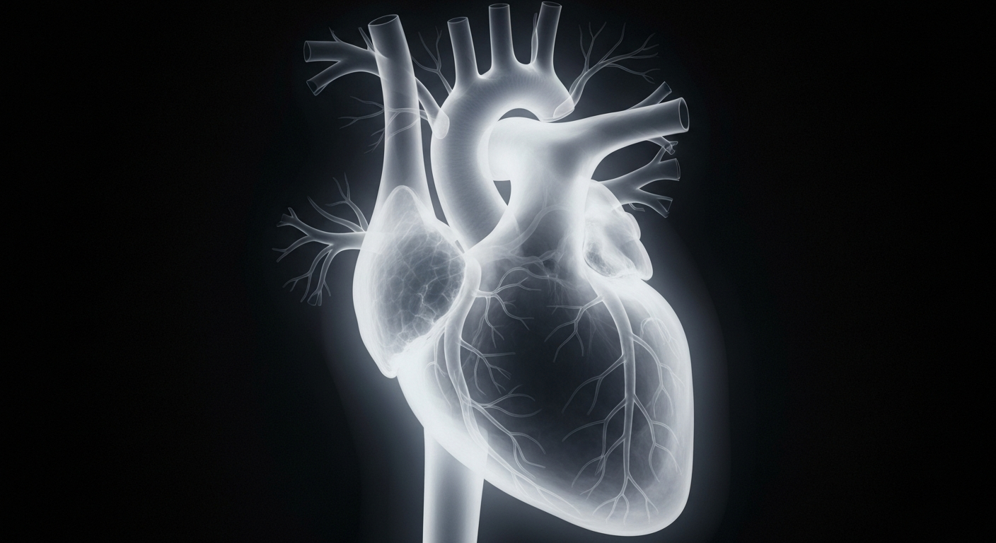 A ghostly, translucent X-ray image of a human heart, surrounded by a delicate network of veins and arteries, symbolizing the interconnectedness of physical and social health.