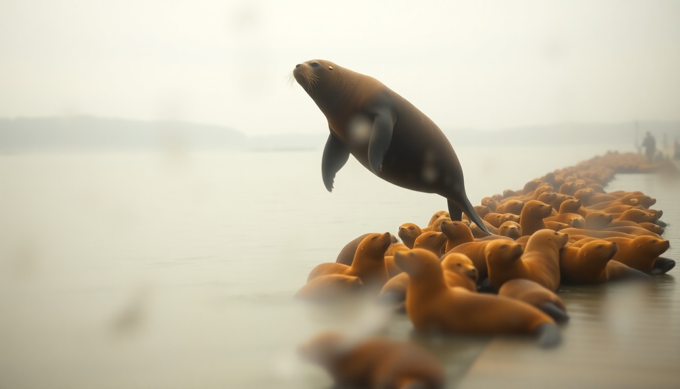 An extremely blurred, abstract photograph showing the silhouette of a large sea lion leaping up from the water to join a group of smaller sea lions resting on a wooden pier, with the scene composed entirely of soft, warm pools of golden light and color.
