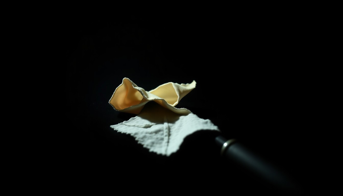 An extreme close-up photograph of a torn piece of fabric or other crime scene evidence, dramatically lit by a harsh flash against a dark background, conceptually representing the investigation into a reported sexual assault.