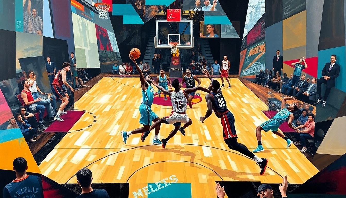 A fragmented, geometric painting depicting the chaotic moments of a basketball play, with overlapping shapes and planes representing the intensity and physicality of the game.