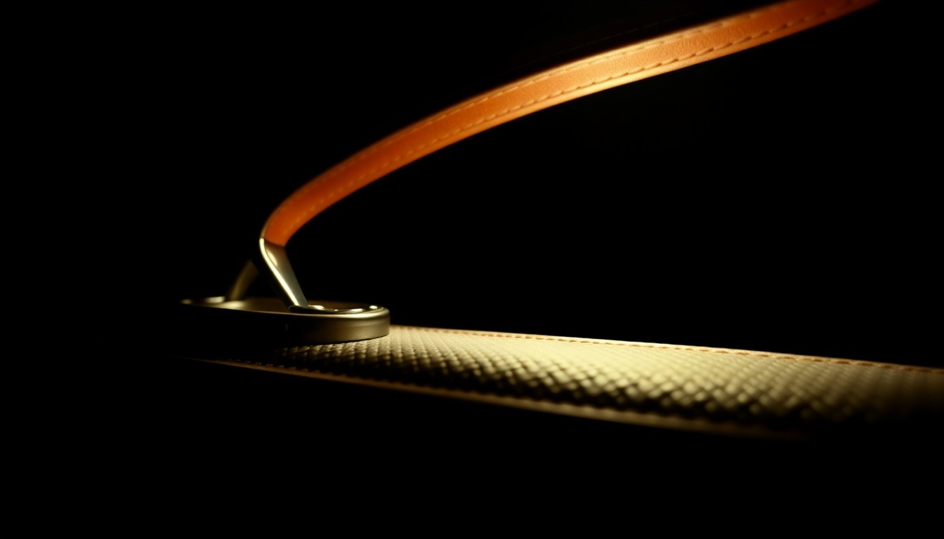 An extreme close-up photograph of a luxury designer handbag handle, lit by a harsh, direct camera flash against a pitch-black background, creating a stark, gritty, investigative aesthetic.