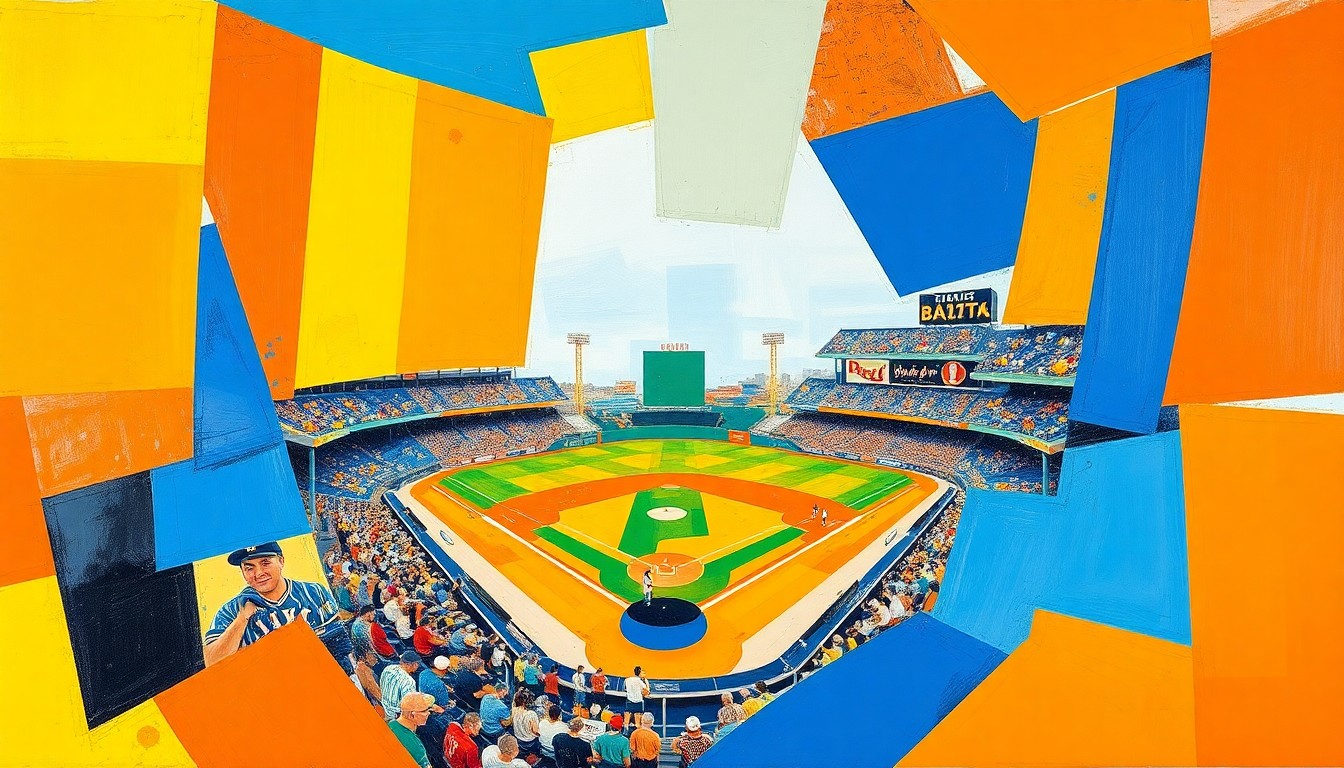 A cubist, fragmented painting depicting a baseball game, with overlapping geometric shapes in bright orange, blue, and yellow, conveying the dynamic energy of the Angels' offensive outburst.