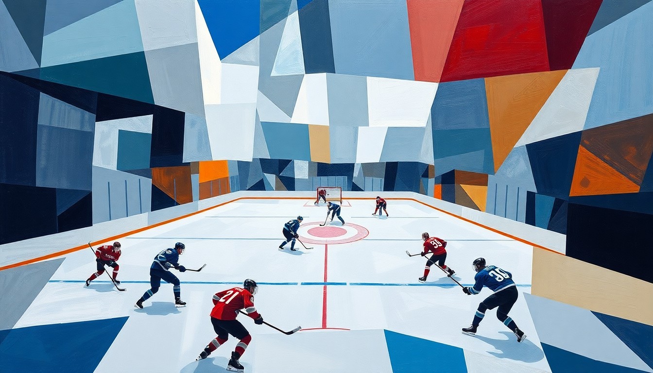 A cubist, geometric painting depicting a hockey game, with players and the ice represented as abstract shapes and planes of color, capturing the dynamic energy and competitive spirit of the sport.