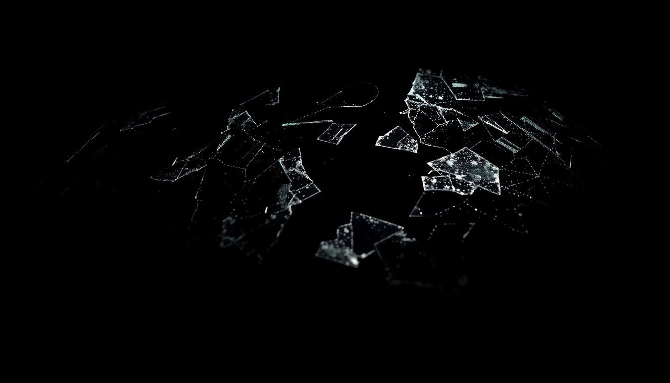 An extreme close-up photograph of a shattered car windshield or other damaged vehicle part, lit by a harsh, direct camera flash against a pitch-black background, conceptually illustrating the aftermath of a tragic highway collision.