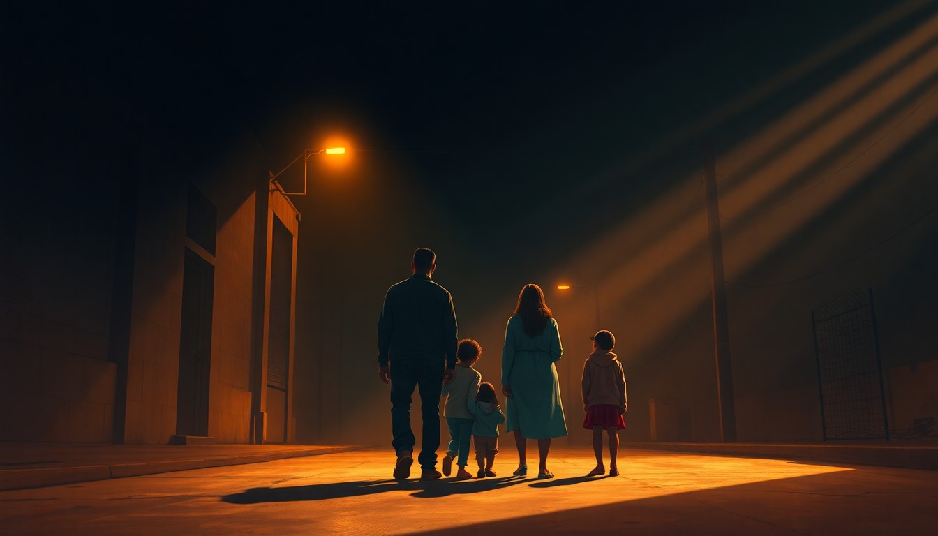 A cinematic painting depicting a solitary immigrant family standing on a dimly lit urban street, the warm sunlight casting long shadows and creating a sense of vulnerability and uncertainty in the face of increased immigration enforcement.