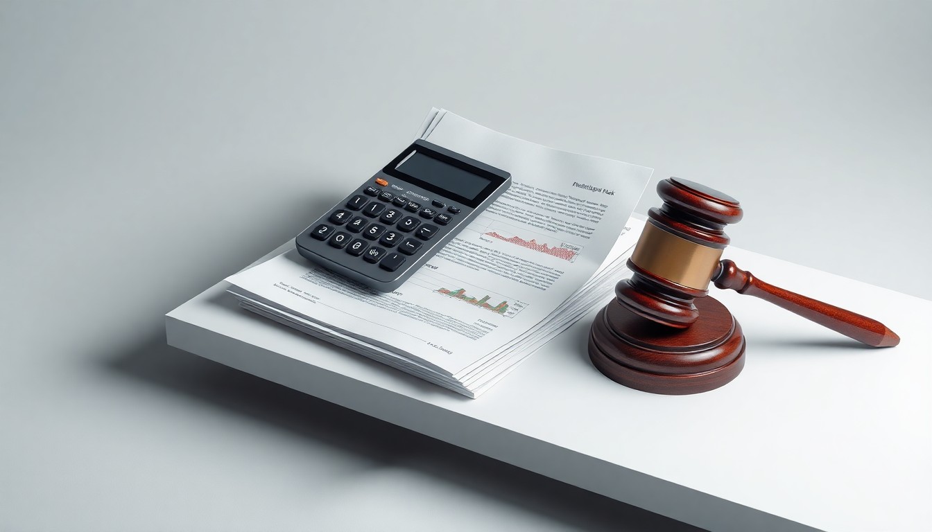 A high-end, photorealistic studio still-life photograph featuring a stack of financial documents, a calculator, and a gavel floating on a clean, monochromatic background, conceptually representing the abstract corporate strategy and legal risks facing public companies.