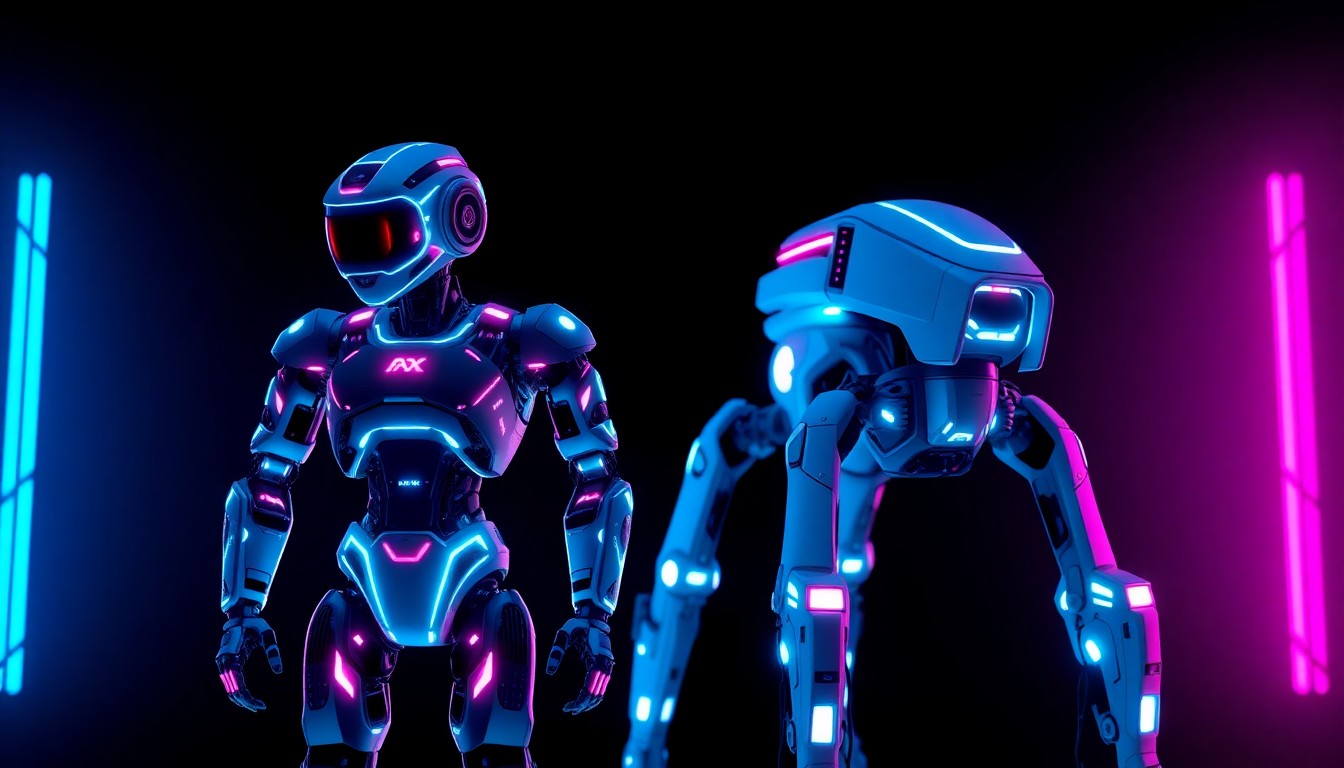 A highly detailed, glowing 3D macro illustration of two Faraday Future robots, a humanoid and a quadruped, illuminated by neon lights, showcasing the company's focus on data-driven embodied AI technology.