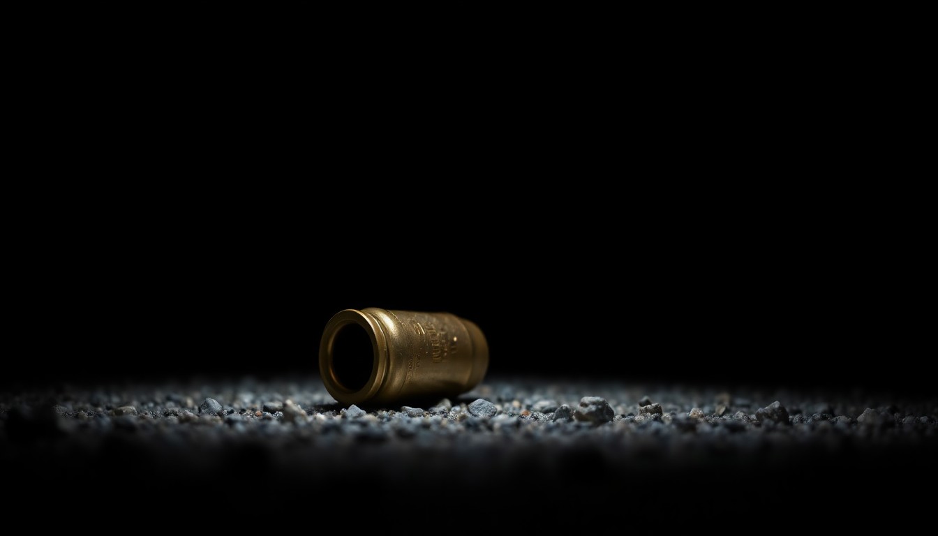 An extreme close-up photograph of a single spent shell casing on the ground, the metallic texture and stark lighting creating a gritty, investigative aesthetic.