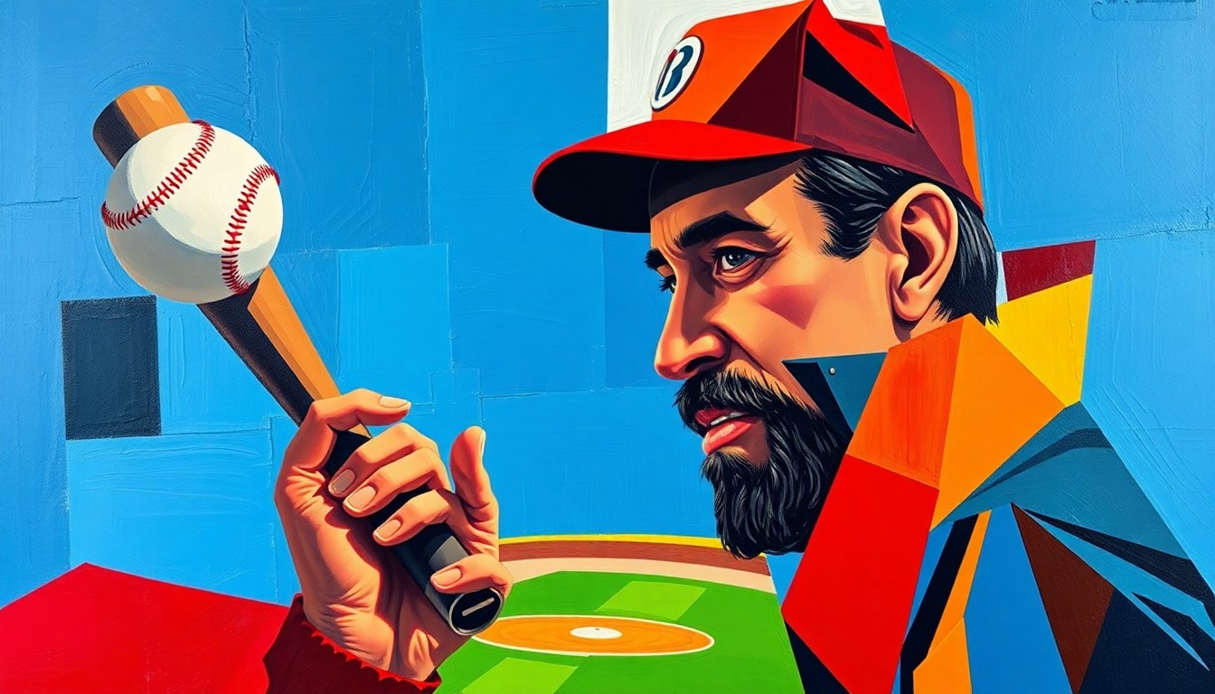 A fractured, geometric painting in bold colors depicting the moment a baseball struck a manager, the impact breaking the scene into sharp, overlapping planes.