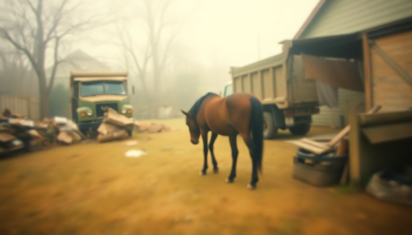 An extremely abstracted, out-of-focus photograph in warm, earthy tones showing the blurred silhouette of a small horse grazing in a backyard, with piles of debris and an old dump truck visible in the hazy background, conceptually illustrating the tensions between a neighbor's property issues and the impact on a nearby resident's livestock.