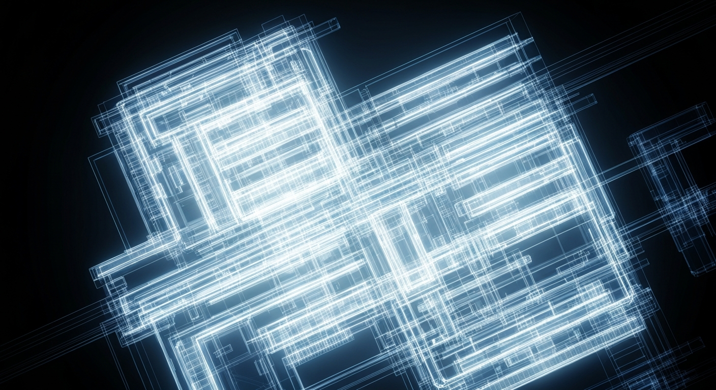 A ghostly, translucent X-ray-style image revealing the architectural blueprint and internal systems of a medical facility, conveying the complexity of rebuilding healthcare infrastructure in the Chester area.