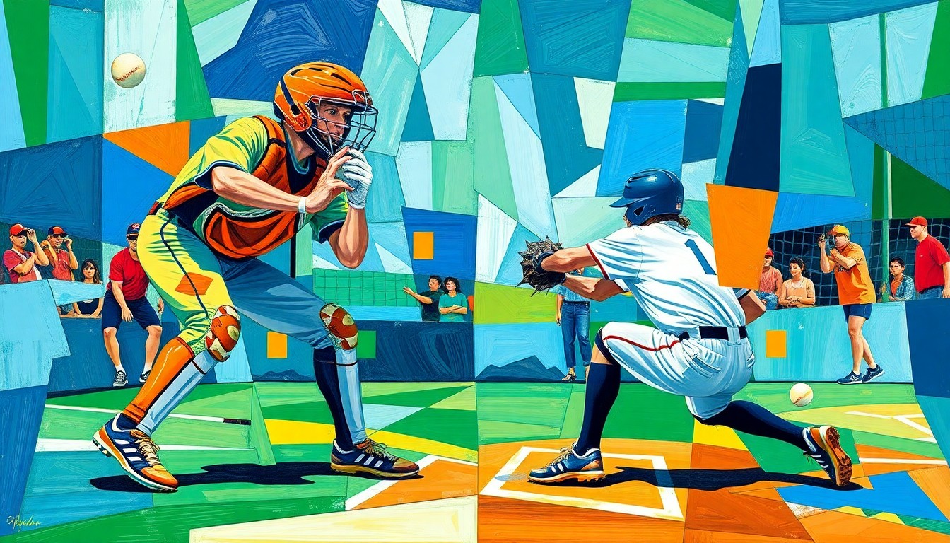 A cubist-style painting featuring sharp, overlapping geometric shapes in vibrant blues, greens, and oranges, capturing the dynamic movement and energy of a high school softball game, with the catcher's position and actions as the central focus.