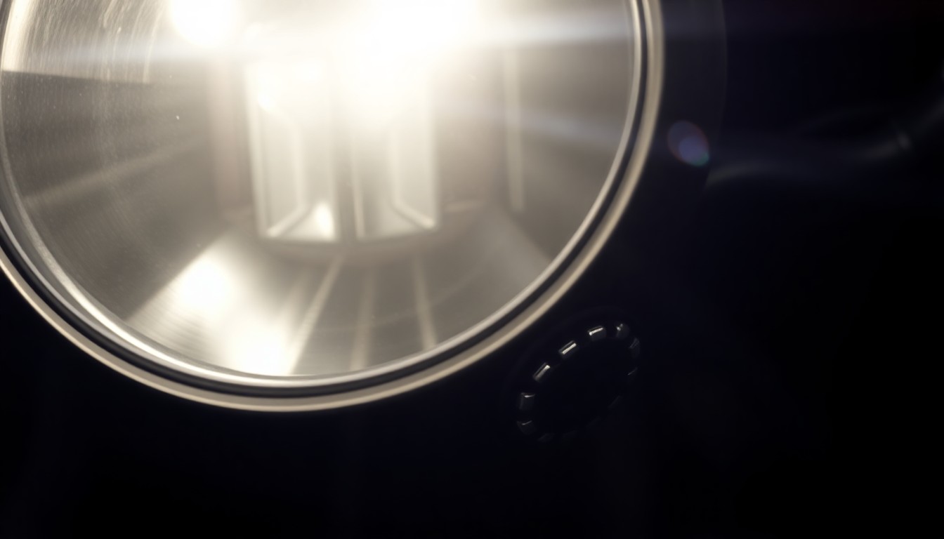 An extreme close-up photograph of a motorcycle mirror or turn signal lens, lit by a harsh, direct camera flash against a pitch-black background, creating a stark, gritty, investigative aesthetic.