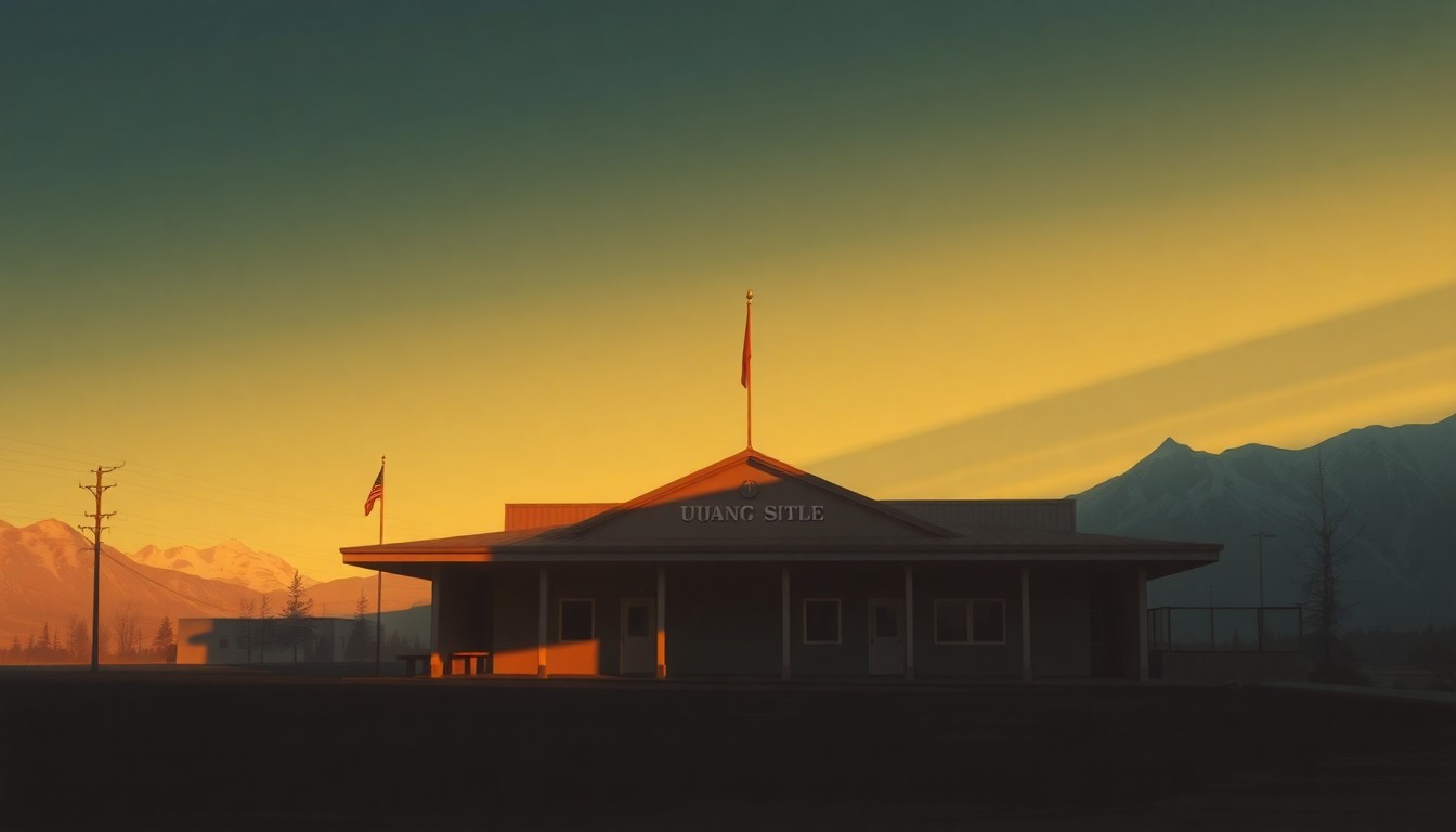 A painting of a government building in Juneau, Alaska, with warm sunlight and deep shadows creating a sense of quiet contemplation and civic purpose.