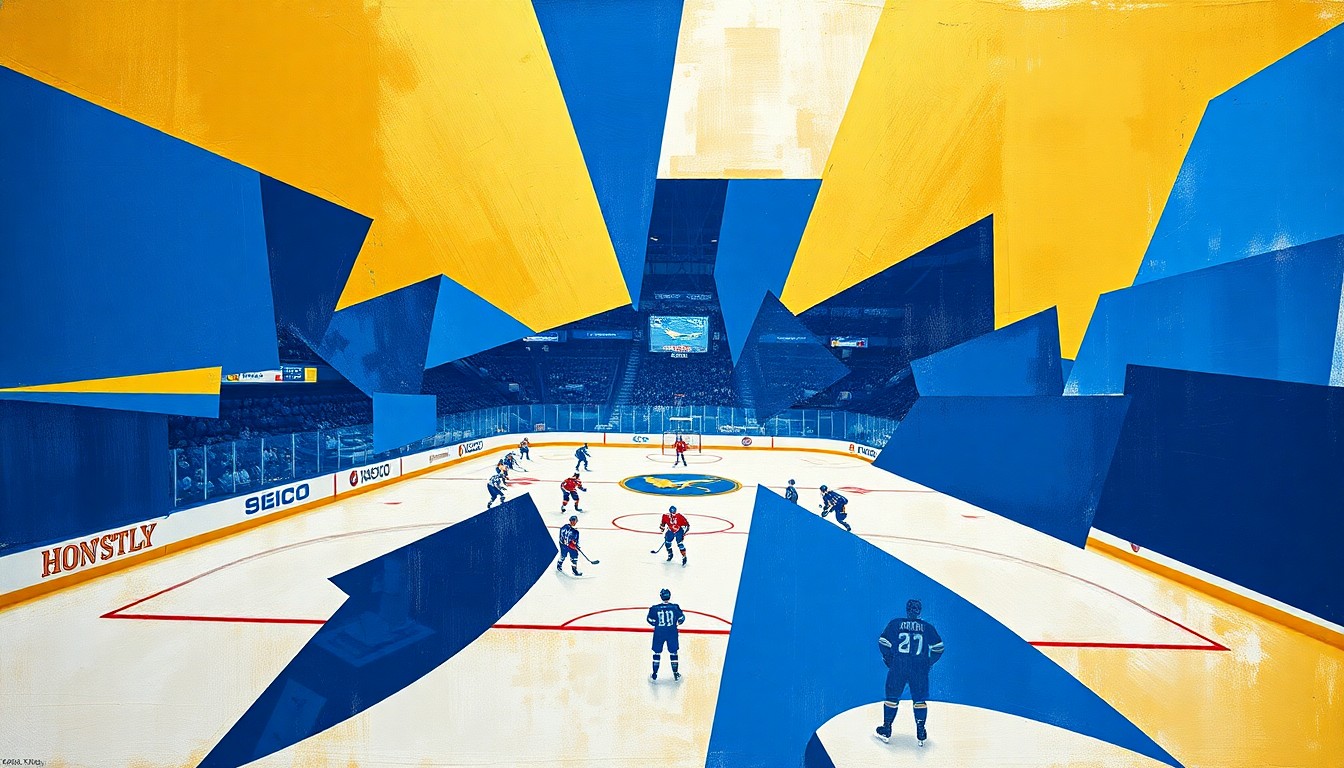 A cubist, geometric painting in shades of blue and gold, depicting the dynamic motion and energy of a Sabres hockey game, with players and the puck fragmented into overlapping planes.