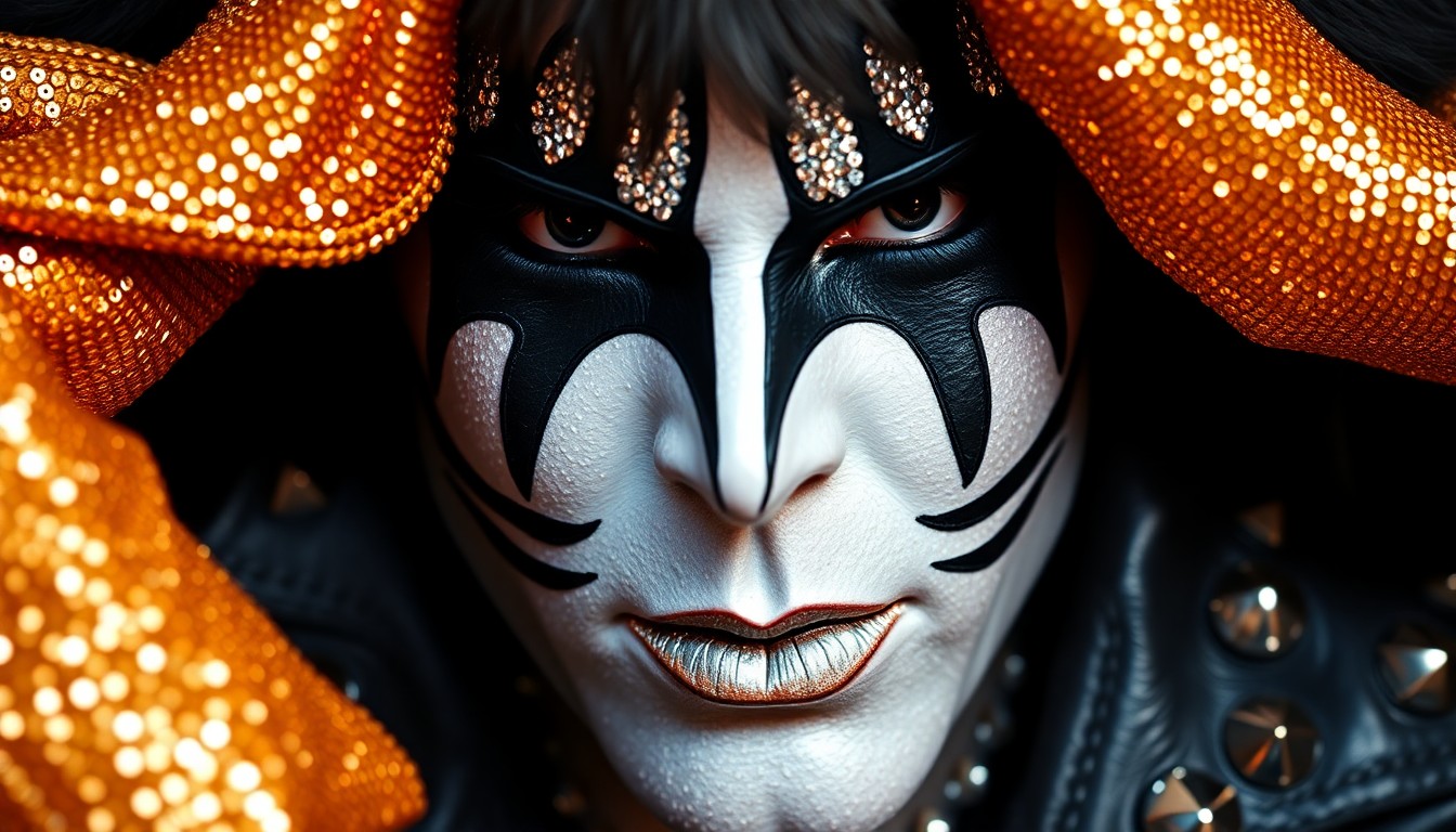An abstract close-up photograph showcasing the luxurious textures and dramatic lighting of KISS-inspired makeup, costumes, and stage elements, capturing the glitz and glamour of the band's legendary performances.
