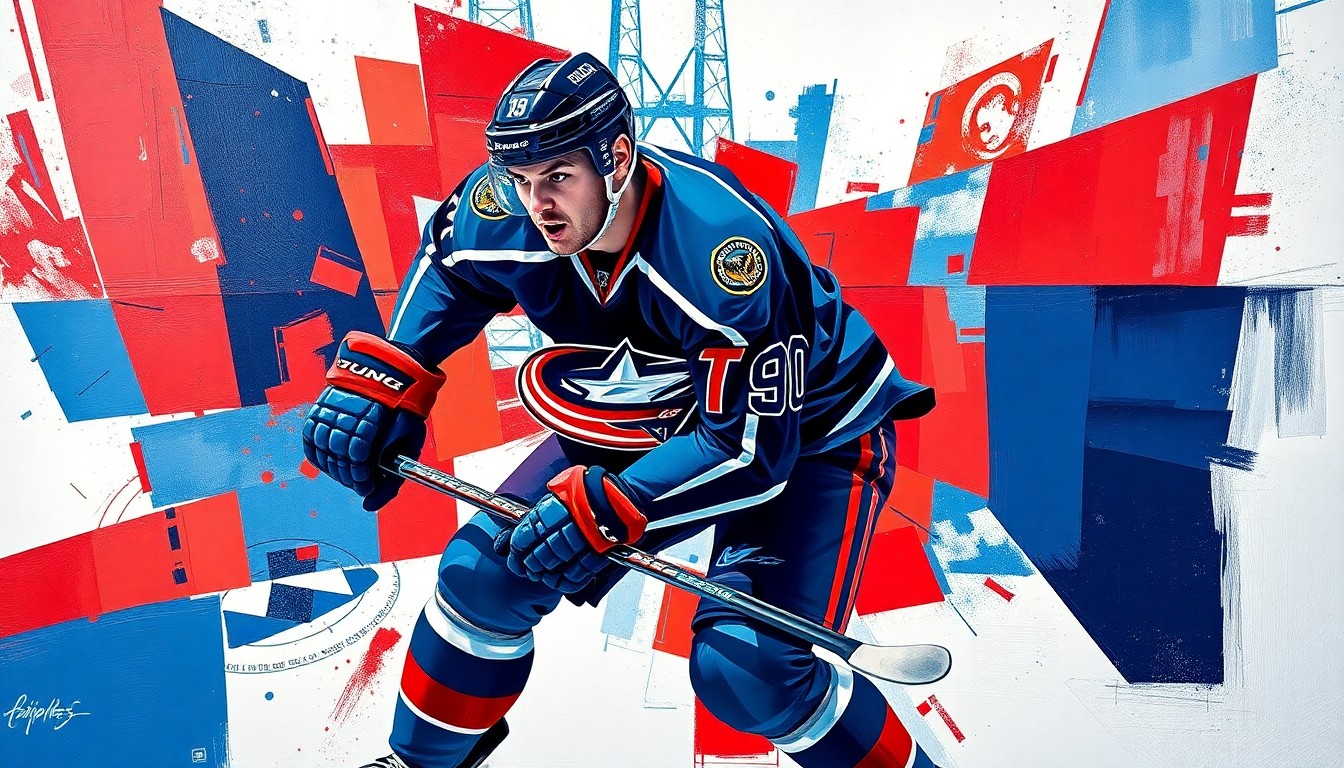 A fractured, cubist-style painting depicting a hockey defenseman in motion, with sharp geometric planes of navy blue, red, and white representing the player's uniform and movements on the ice.