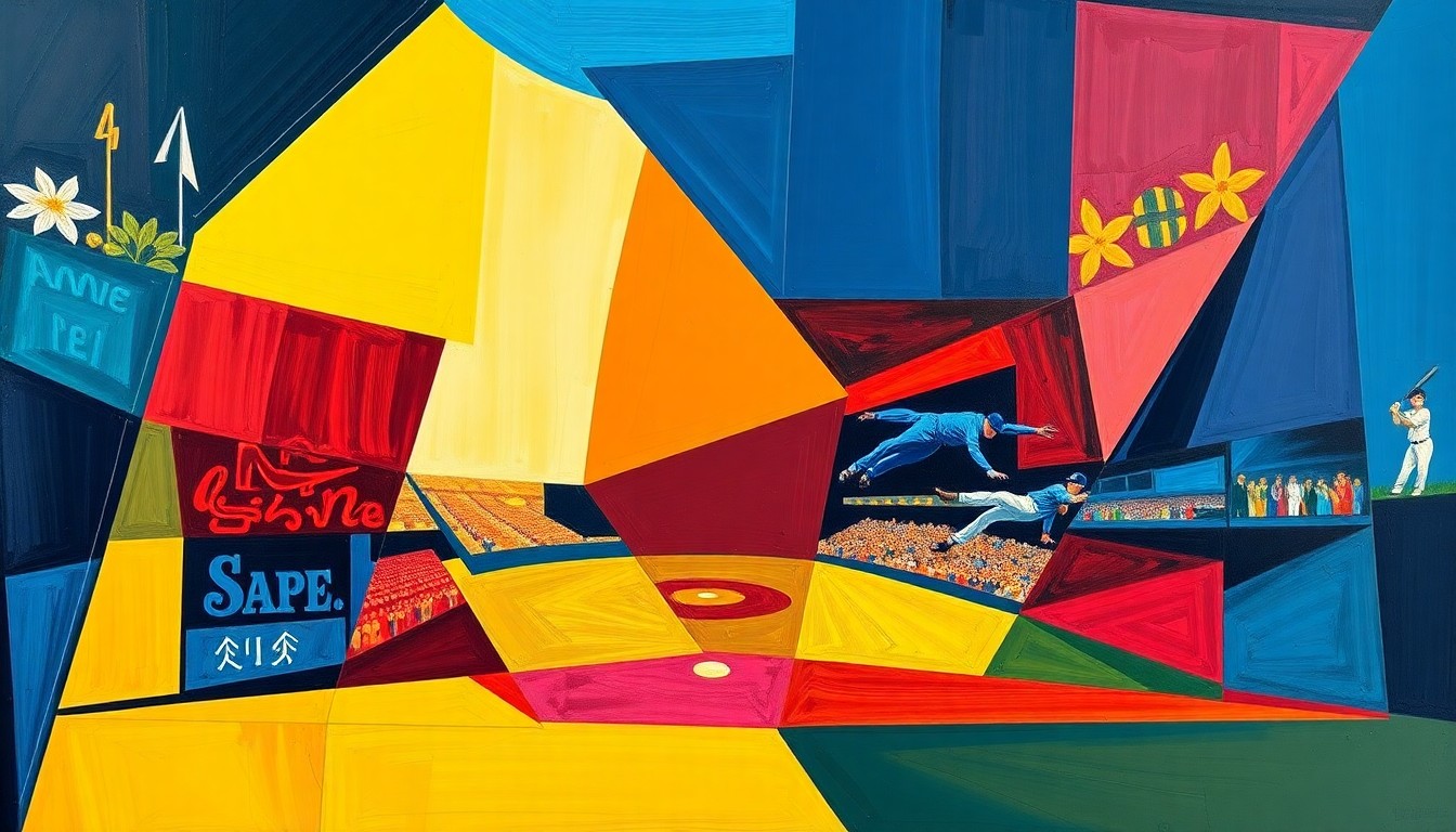 A fragmented, geometric painting in bold colors depicting the dynamic action of a baseball game, with players and the field broken down into overlapping angular shapes and planes.