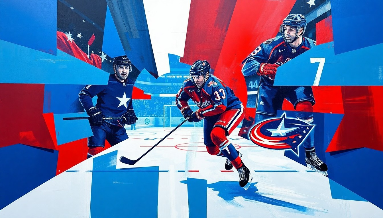 A fragmented, cubist-style painting depicting the dynamic motion and energy of a hockey game, with sharp geometric planes in blue, red, and white representing the players and the ice.