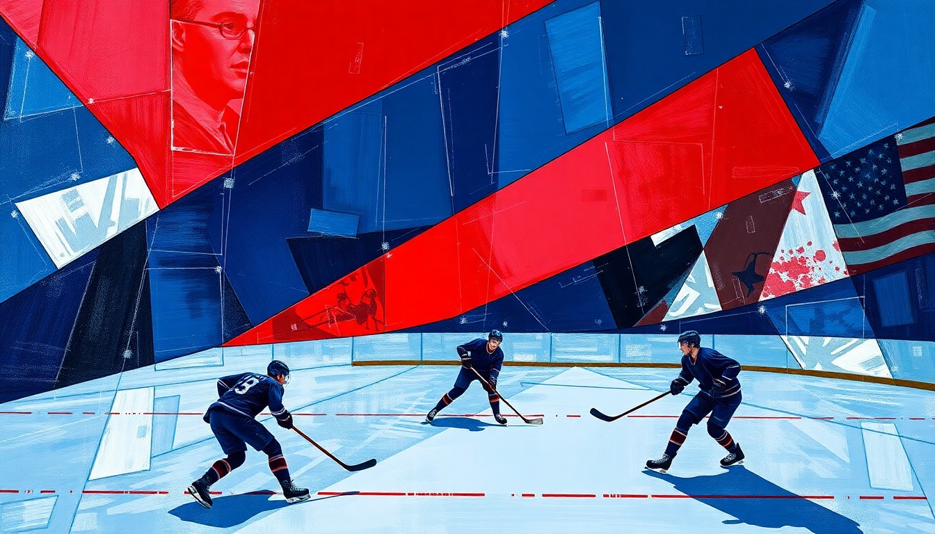 A fragmented, cubist-style painting depicting a hockey game, with players and the rink broken down into sharp, overlapping geometric shapes in navy, red, and silver, conveying the emotional intensity and fractured nature of the Blue Jackets' struggles.