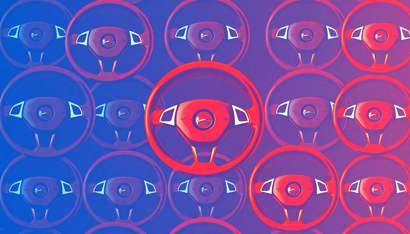A bold, colorful silkscreen-style illustration featuring a repeated pattern of a car steering wheel, conceptually representing the theme of safe driving practices.
