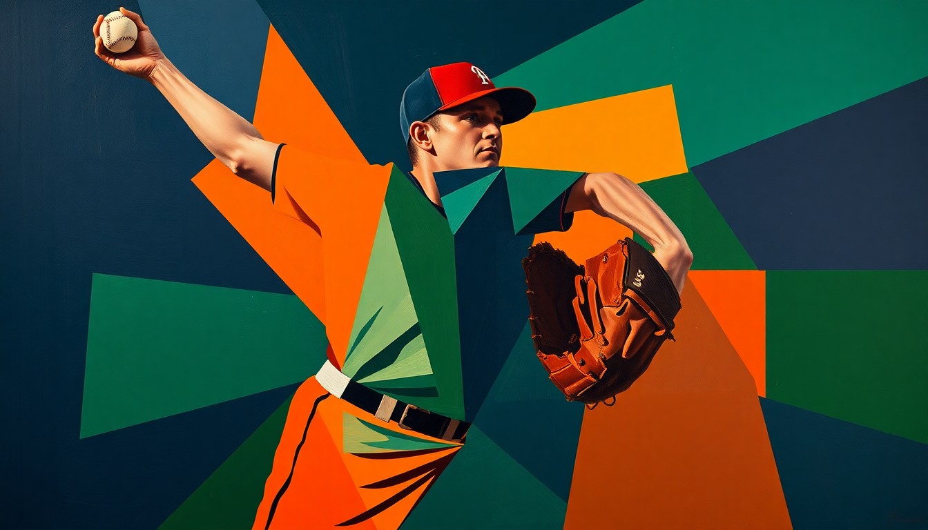 A cubist-style painting featuring sharp, overlapping geometric shapes in navy, green, and orange, conceptually representing a baseball pitcher's throwing motion and the uncertainty surrounding an injury.