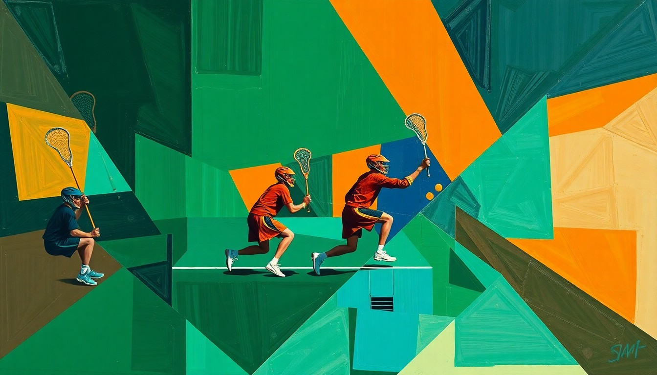 A cubist, geometric painting depicting a boys lacrosse game broken down into overlapping planes of deep green, navy, and bright orange, conceptually representing the intense competition and back-and-forth nature of the Brainerd-St. Cloud matchup.