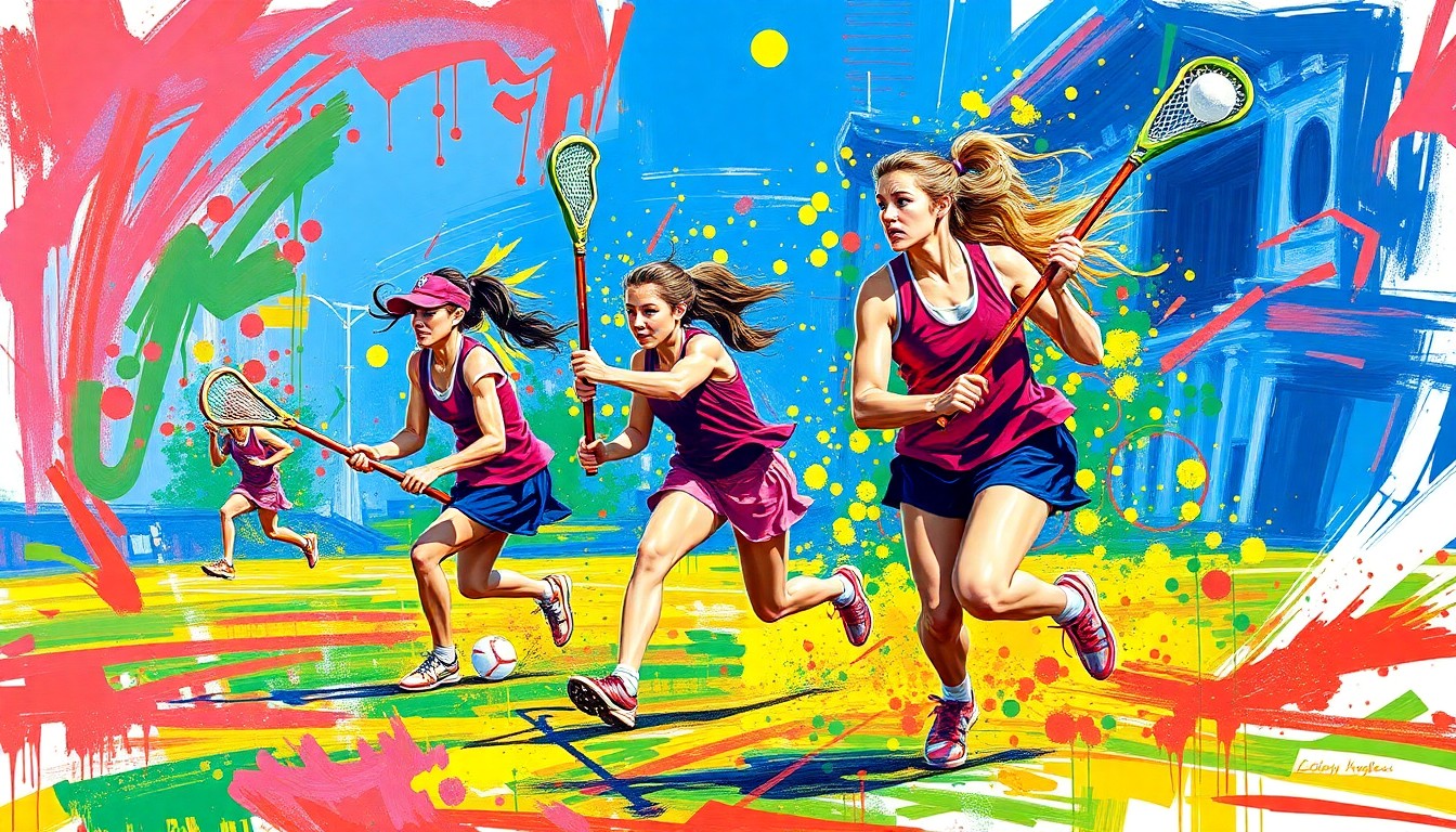 An abstract, textured painting in bright neon colors, with rapid brushstrokes and splashes representing the dynamic motion and energy of a girls lacrosse game.