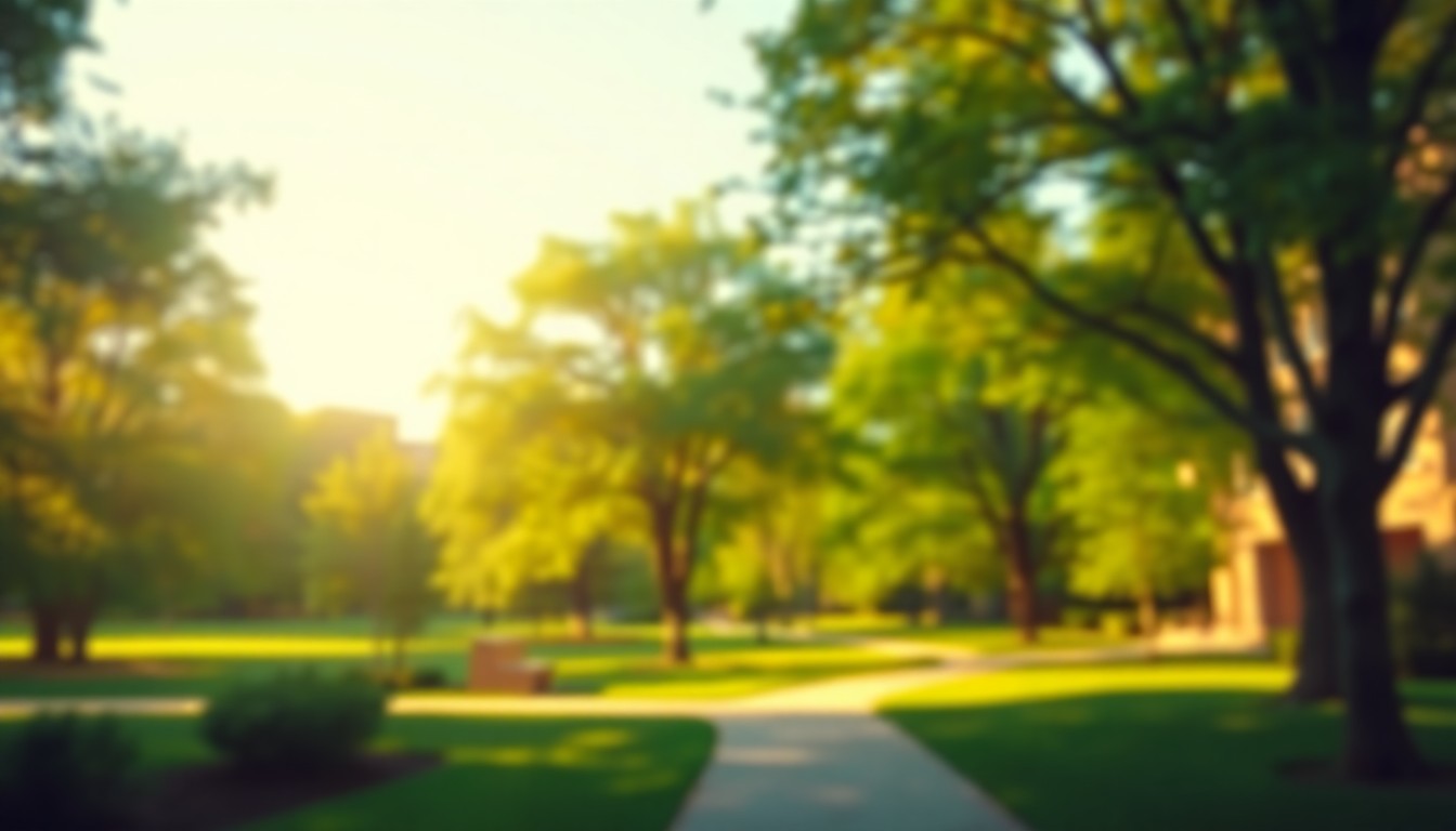 An abstract, impressionistic photograph of a blurred, sun-dappled campus landscape with trees and walking paths, conveying a sense of tranquility and natural beauty.