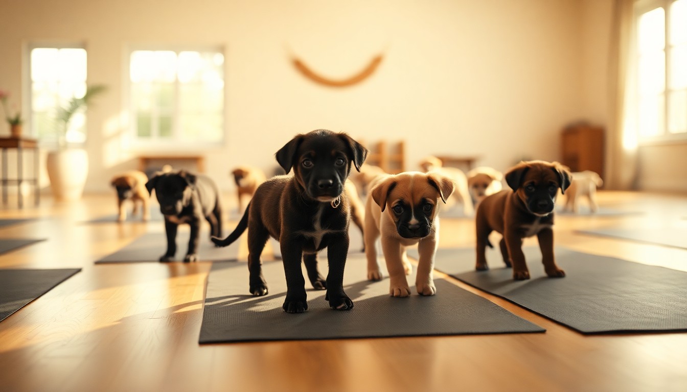 An abstract, blurred photograph depicting a yoga studio filled with playful puppies, captured in a warm, hazy glow of diffused light and color.
