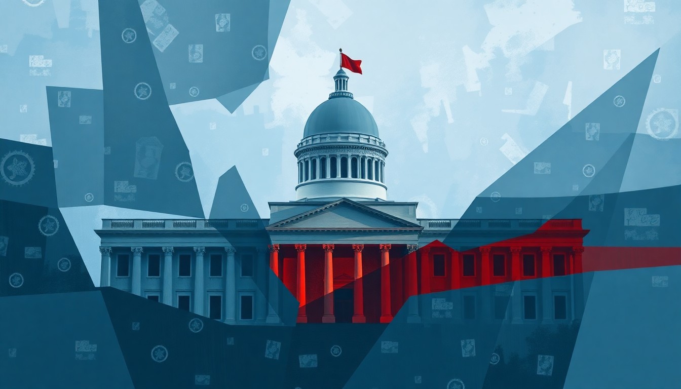 A conceptual illustration featuring overlapping, fragmented geometric shapes in shades of blue, grey, and red, representing the instability and volatility caused by a political scandal and its impact on the corporate landscape.