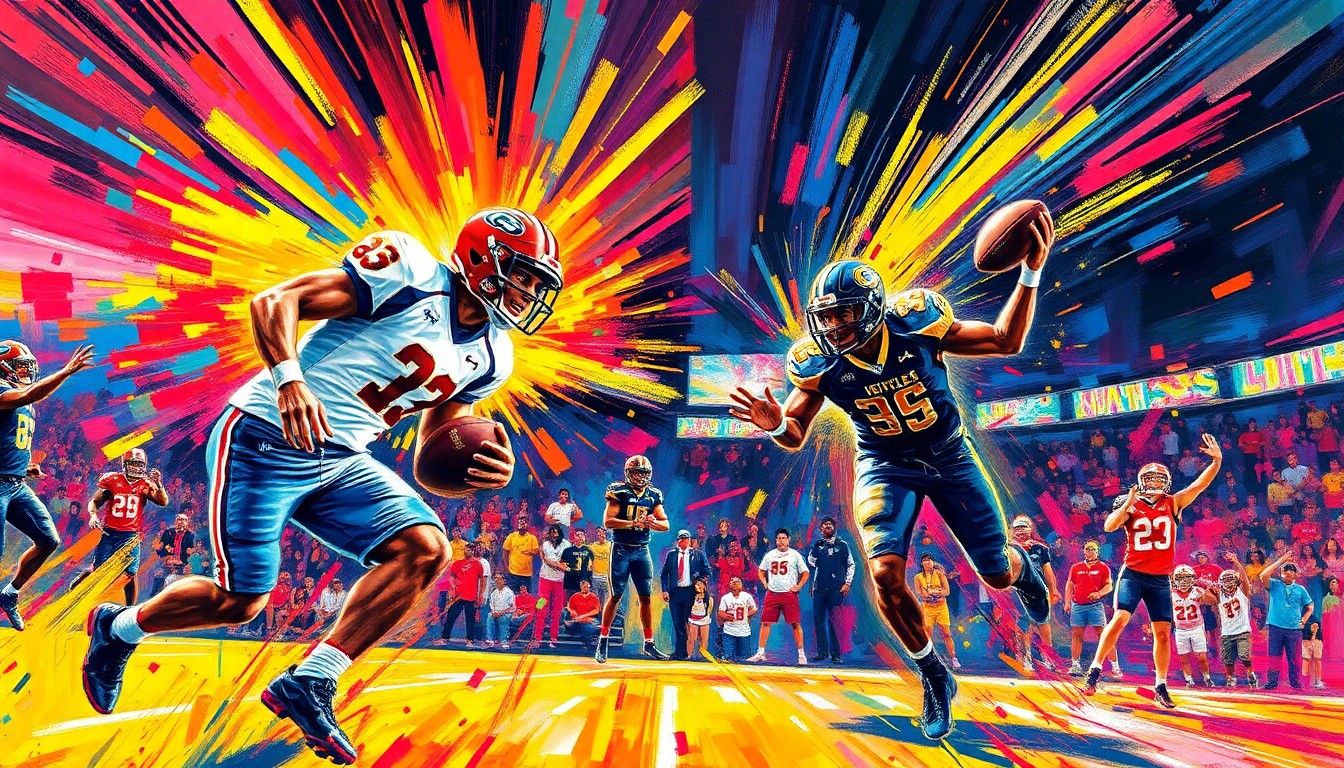 An abstract expressionist painting featuring bold, energetic brushstrokes in a vibrant neon color palette, capturing the raw athleticism and competitive spirit of a high school sports matchup.
