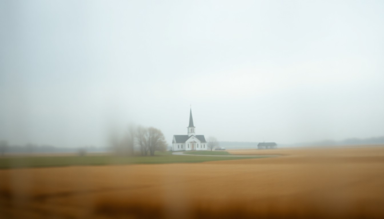 An impressionistic, out-of-focus photograph in soft, warm tones depicting the silhouette of a small country church steeple in the distance, evoking a sense of quiet contemplation and community.