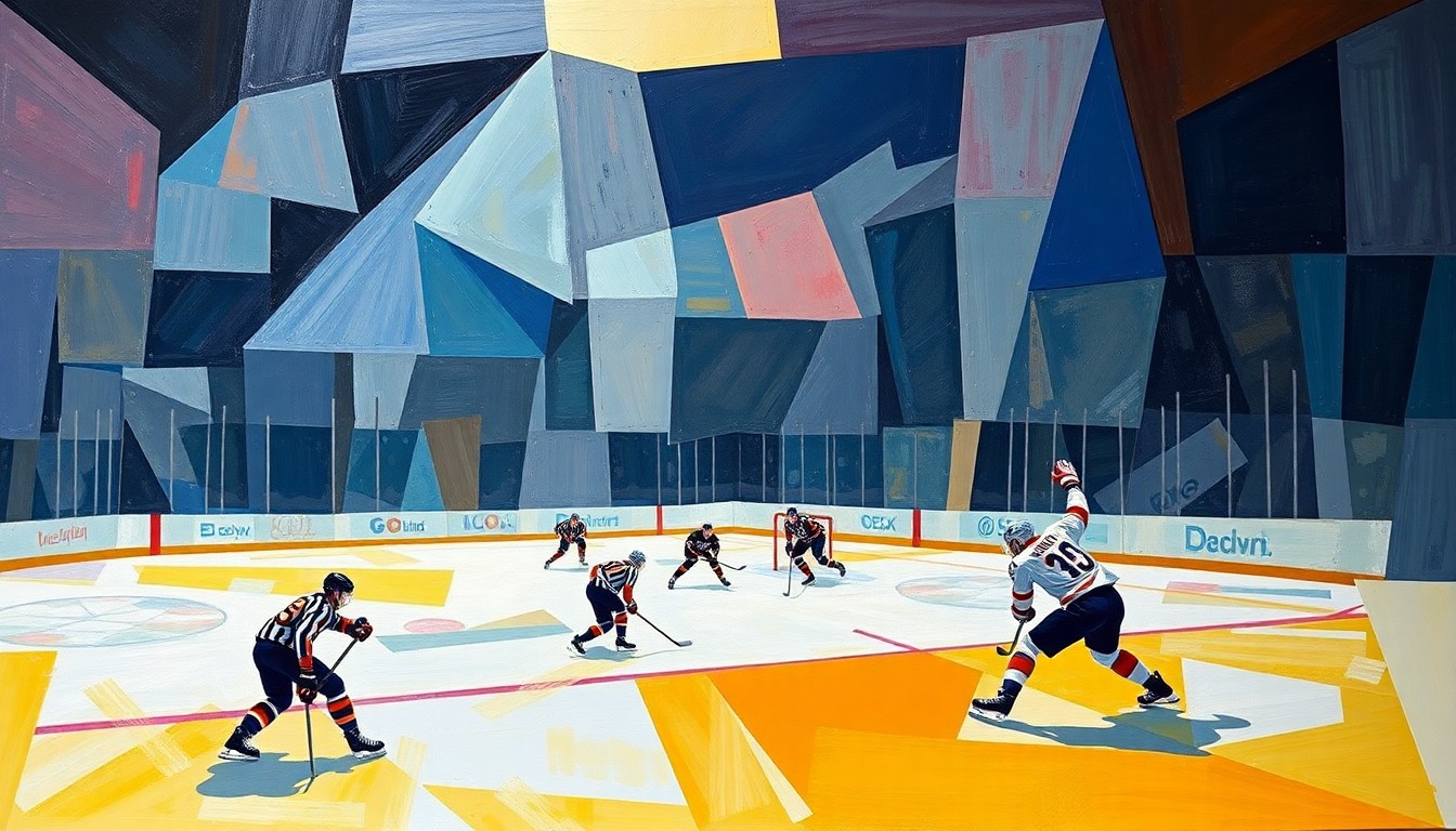 A cubist, geometric painting depicting a hockey game, with players and the rink broken down into sharp, overlapping planes of color and shape, conveying the fractured, disjointed nature of the Blue Jackets' disappointing season.