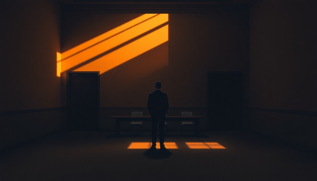 A solitary figure of a diplomat stands alone in a dimly lit conference room, the warm light casting deep shadows across the space, evoking a sense of quiet contemplation and the weight of global challenges.