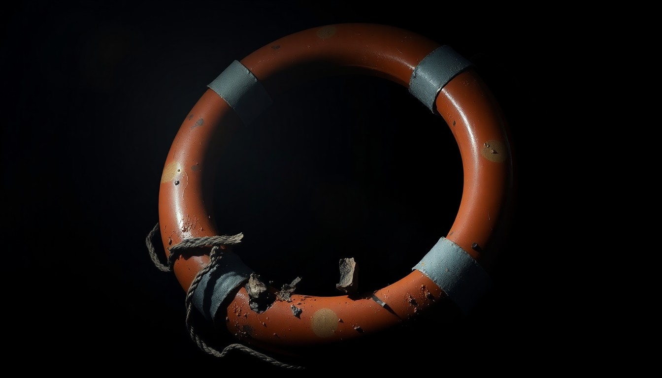An extreme close-up photograph of a broken life preserver against a pitch-black background, lit by a harsh camera flash, conceptually representing the tragic loss of life in these migrant smuggling incidents.