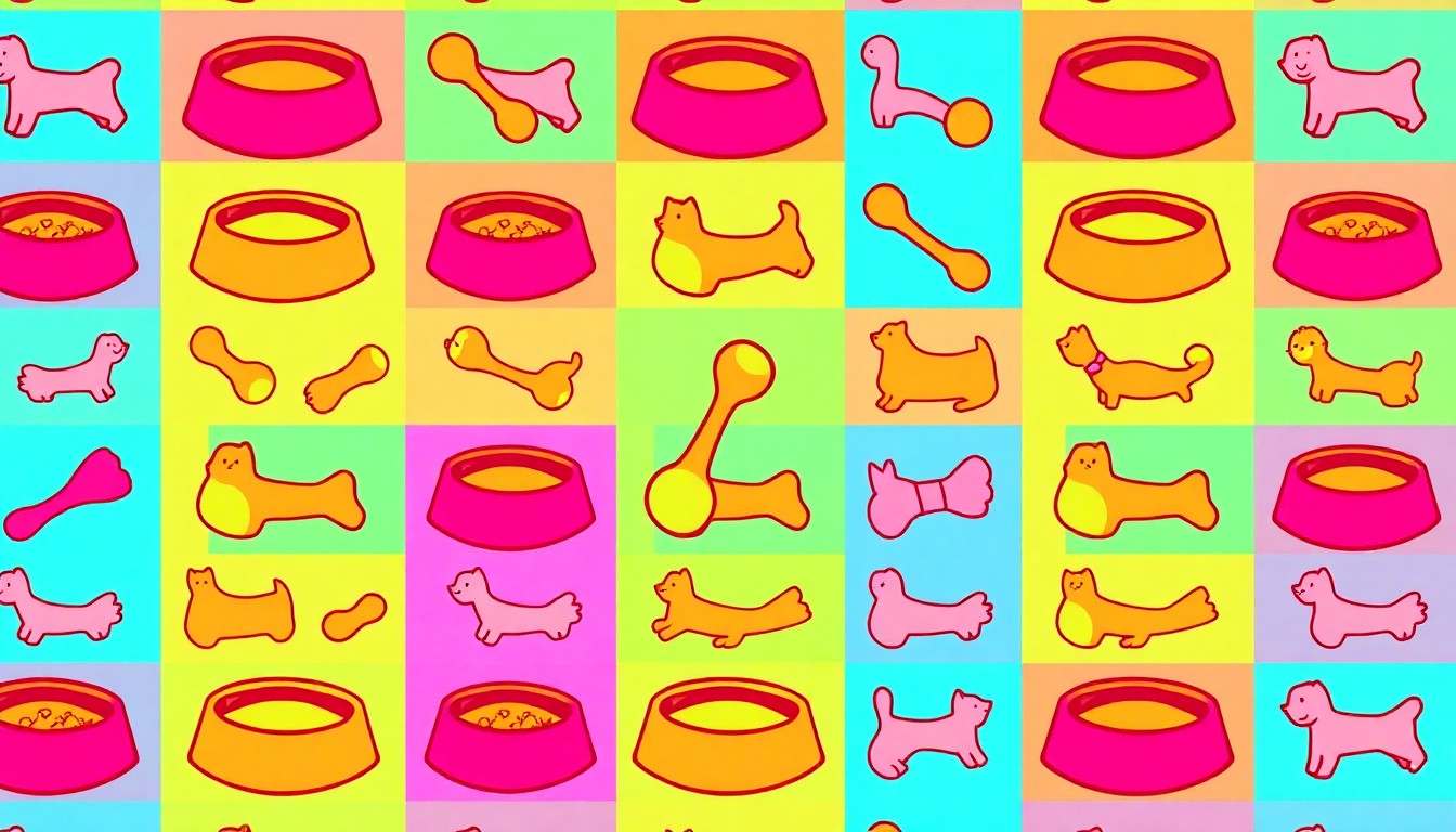 A bold, colorful silkscreen-style illustration featuring a repeating pattern of a single, iconic pet food bowl or toy in vibrant neon hues, conceptually representing the community's push for improved animal welfare resources.
