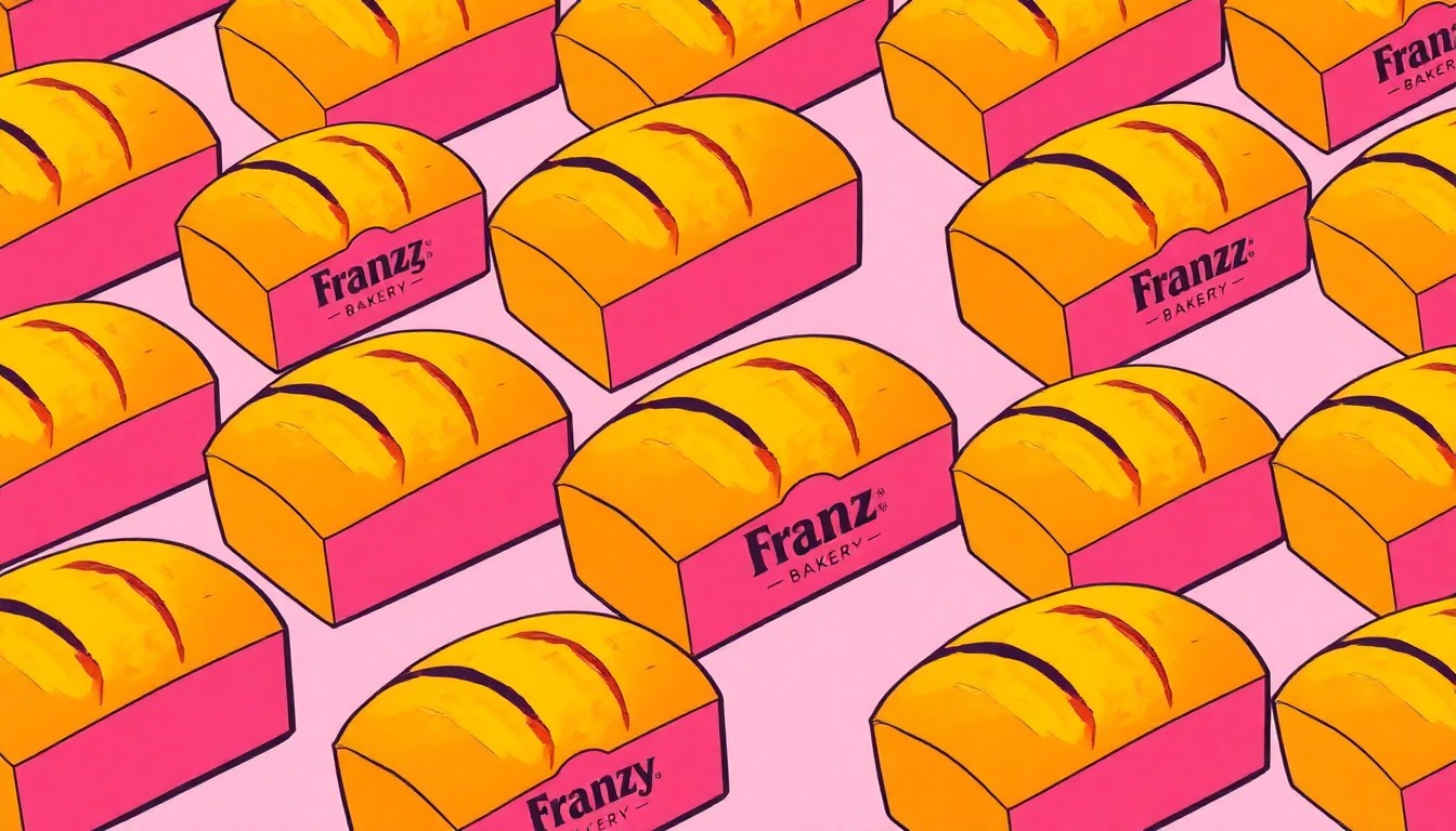 A vibrant, abstract silkscreen print featuring multiple repeating images of a freshly baked loaf of bread, conceptually representing the enduring legacy and community impact of a beloved local bakery.