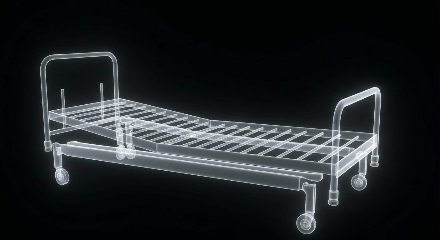 A ghostly, translucent X-ray image of an empty hospital bed frame, glowing against a dark background, conceptually representing the loss of healthcare services in the Chester community.