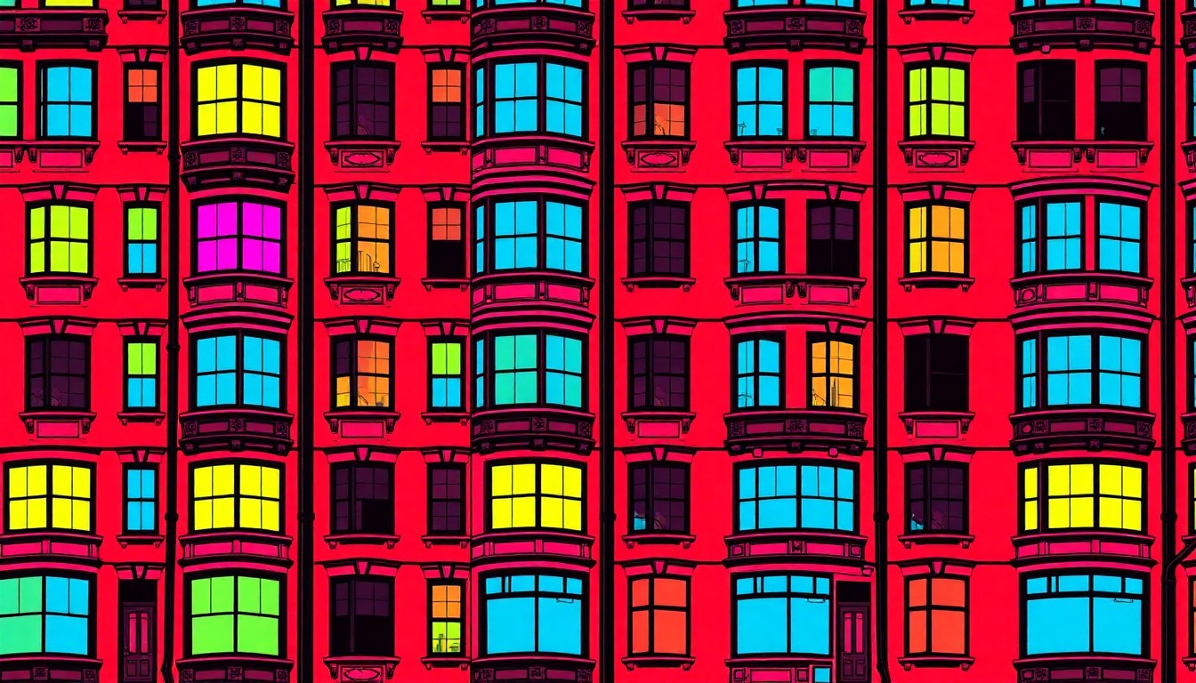 A highly stylized, abstract illustration featuring a repeating pattern of a historic Aspen building facade in bright, neon-like colors and heavy black outlines, conceptually representing the city's efforts to preserve its architectural heritage while adapting to modern needs.