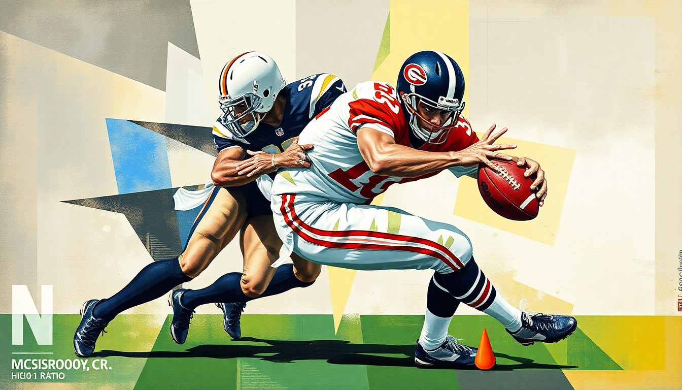 A cubist, geometric painting depicting a football player making a tackle, with the player's body broken down into sharp, overlapping planes of color and shape.
