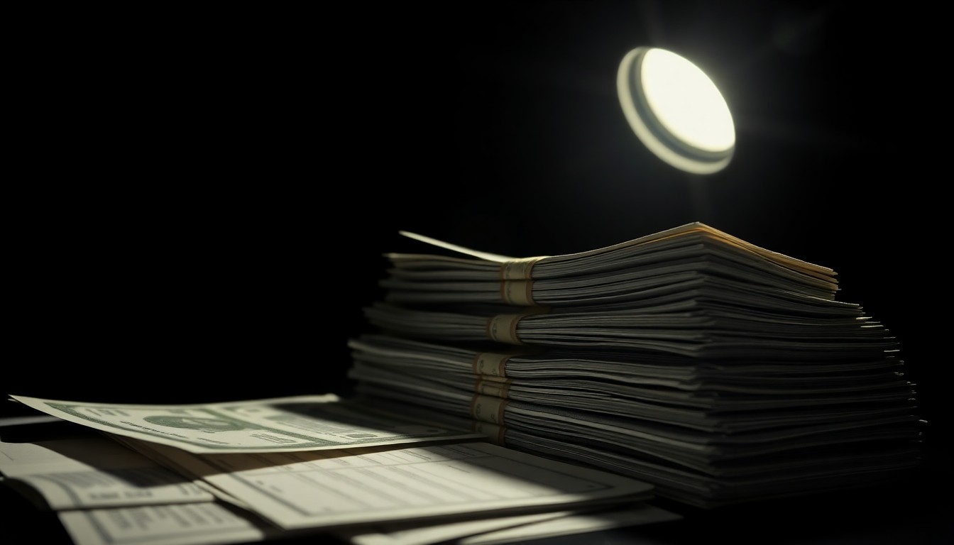 An extreme close-up photograph of a stack of cash and financial documents, lit by a harsh, direct camera flash against a pitch-black background, conceptually illustrating the financial irregularities at the High Museum of Art.