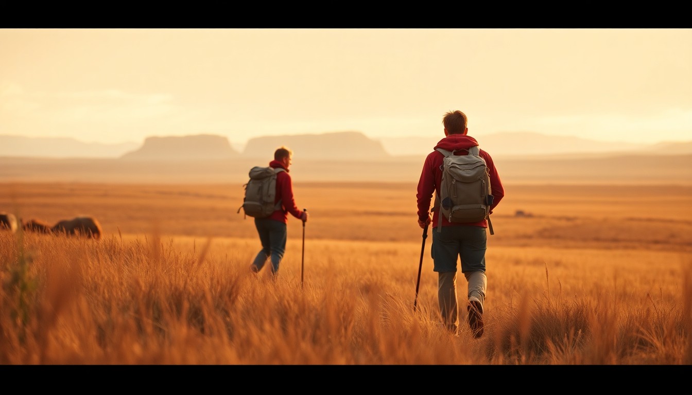 An abstracted, out-of-focus photograph in shades of green, brown, and gold depicting the silhouettes of hikers exploring a prairie landscape with distant bluffs in the background, conveying the sense of discovery and appreciation for the region's natural wonders.