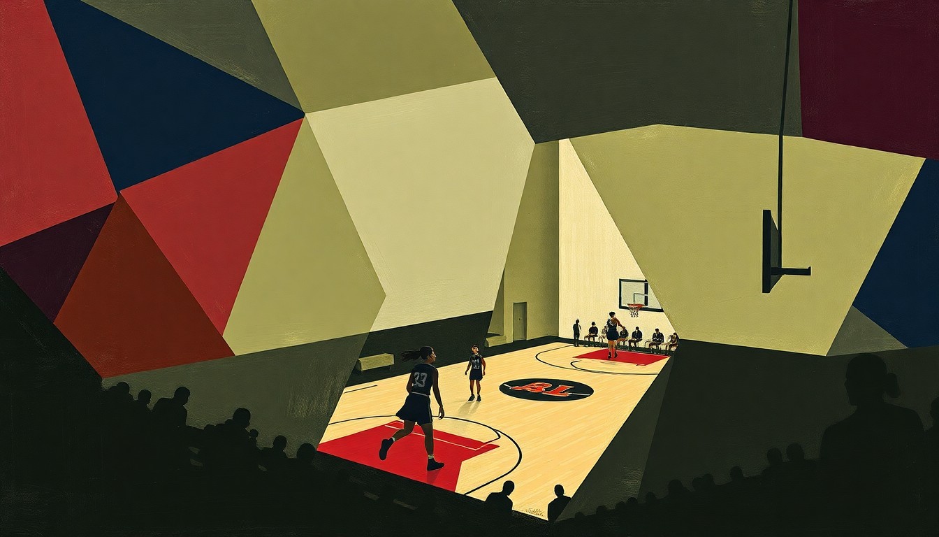 A cubist, geometric painting depicting a fragmented, multi-angled view of a women's basketball game, with sharp planes of navy, burgundy, and olive green overlapping to create a sense of motion and chaos.