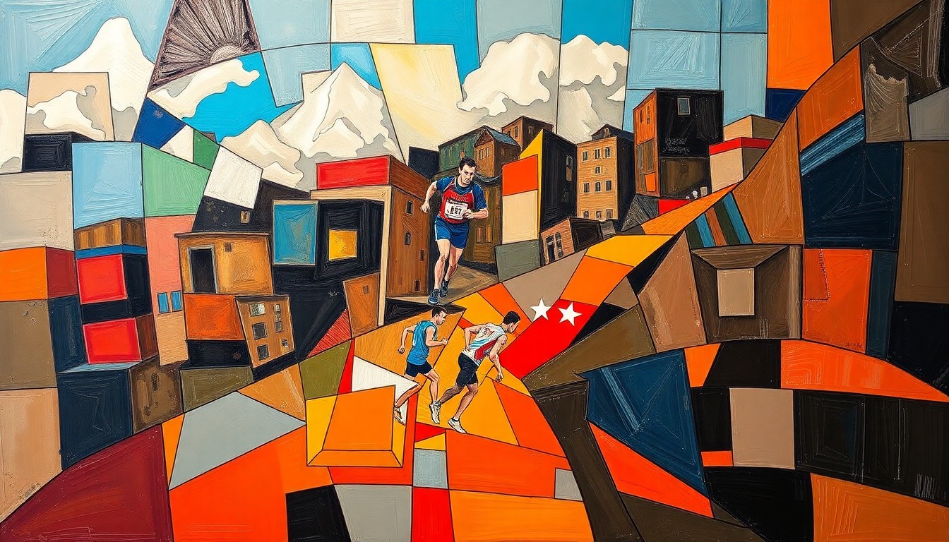 A cubist, geometric painting depicting a runner climbing a steep hill, the scene fractured into overlapping planes of vibrant red, brown, and blue colors, capturing the energy and determination of the athlete's journey.